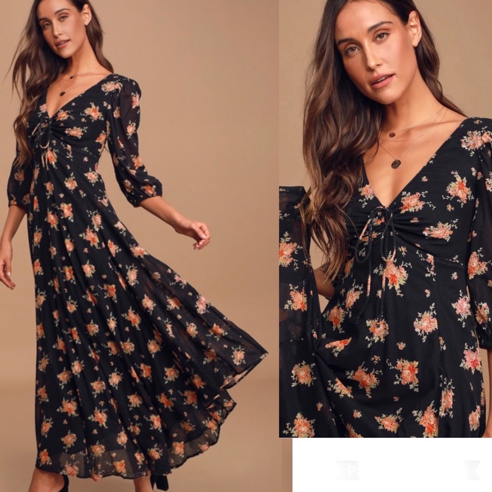 🌺🌸 Free People Sea Glass Dress Black Pink Floral (sz 6) 🌸 🌺